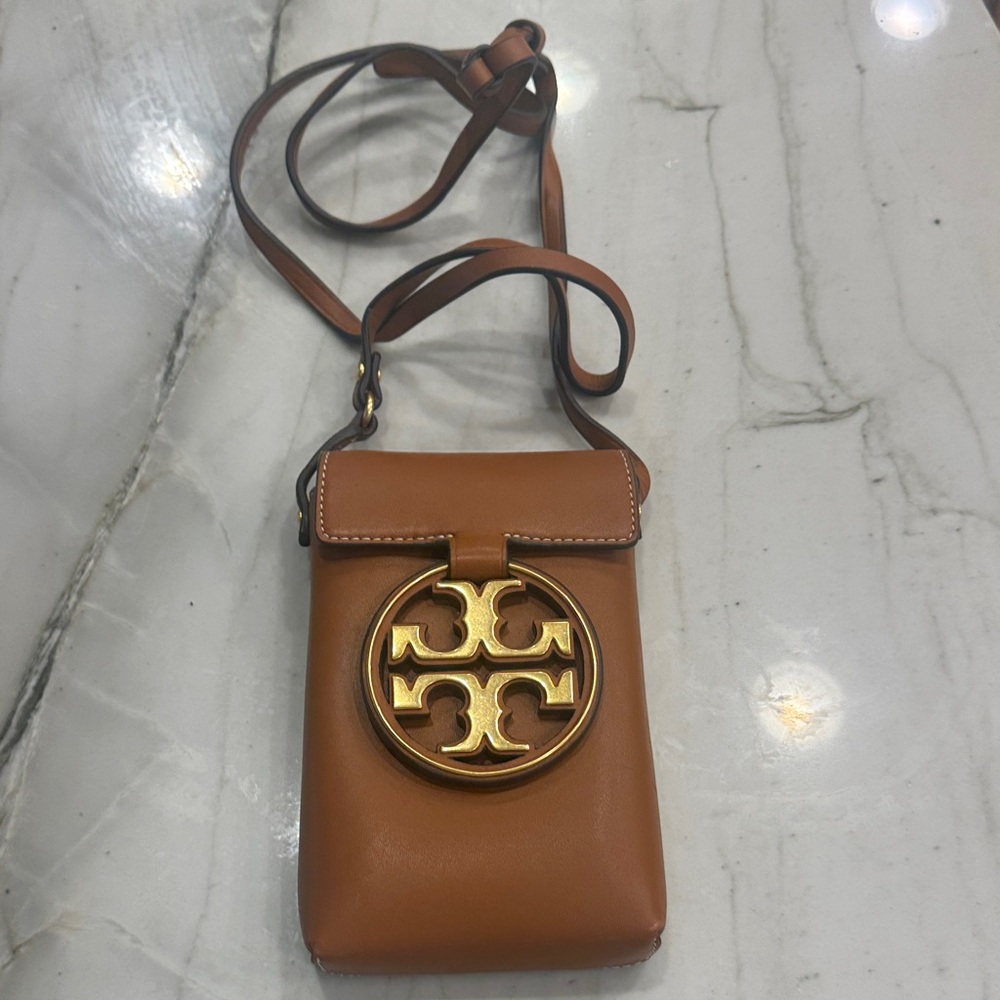 Tory me Burch Cognac Leather Phone Crossbody with Gold Logo